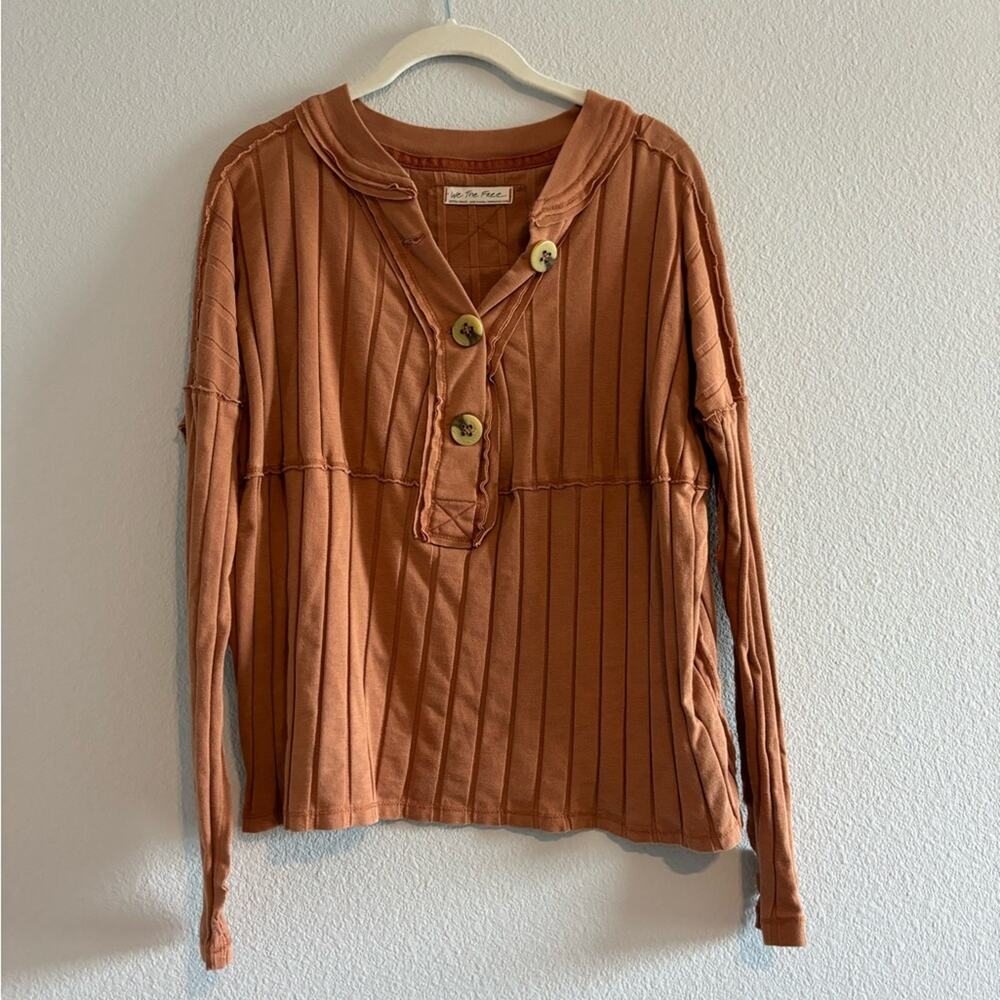 Free People In the Mix Henley Ribbed Long Sleeve Shirt in Horizon Orange size XS - Picture 2 of 5